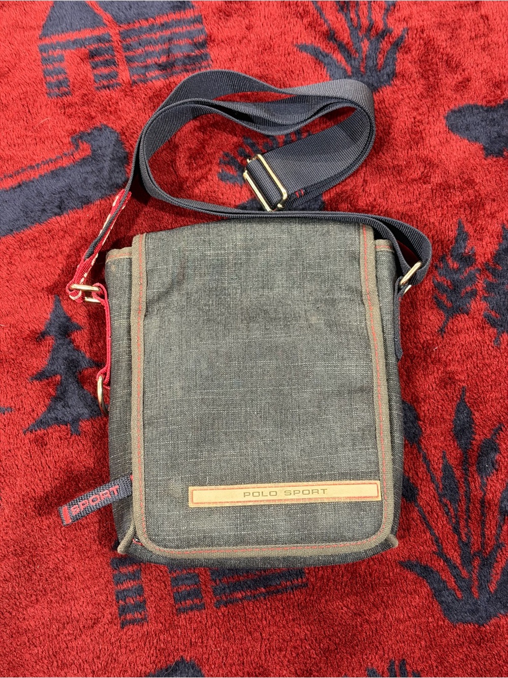 Polo by Ralph Lauren Gray Messenger Bag with Navy Strap and Red Trim